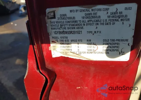 2003 Cadillac Escalade Standard z USA, uszkodzony, nr VIN 1GYEK63N93R291621